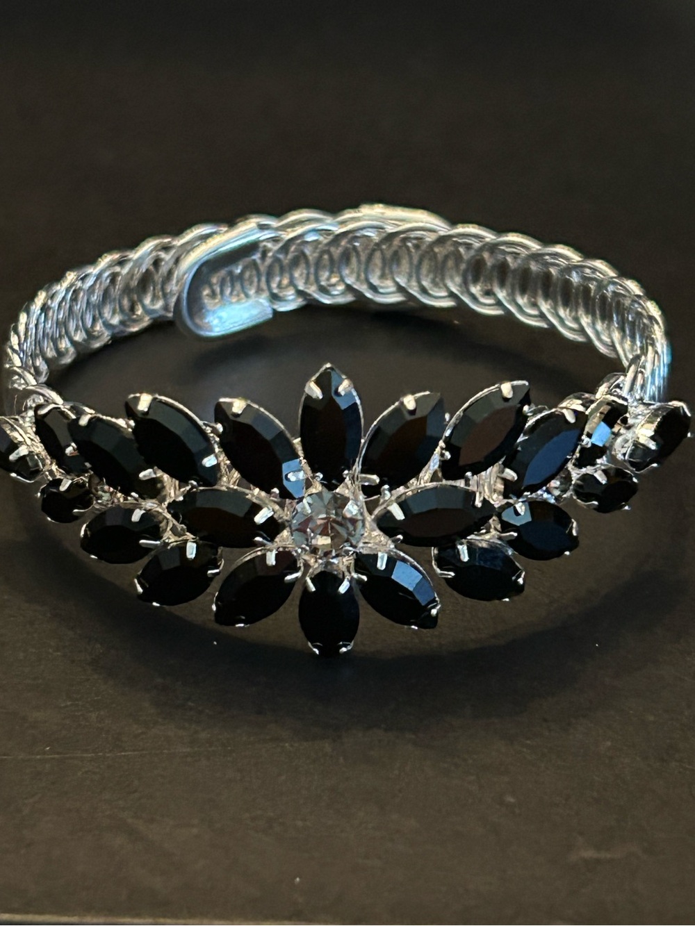 Beautiful & Unique Black and Clear Crystal Floral Adjustable Bracelet in Silver